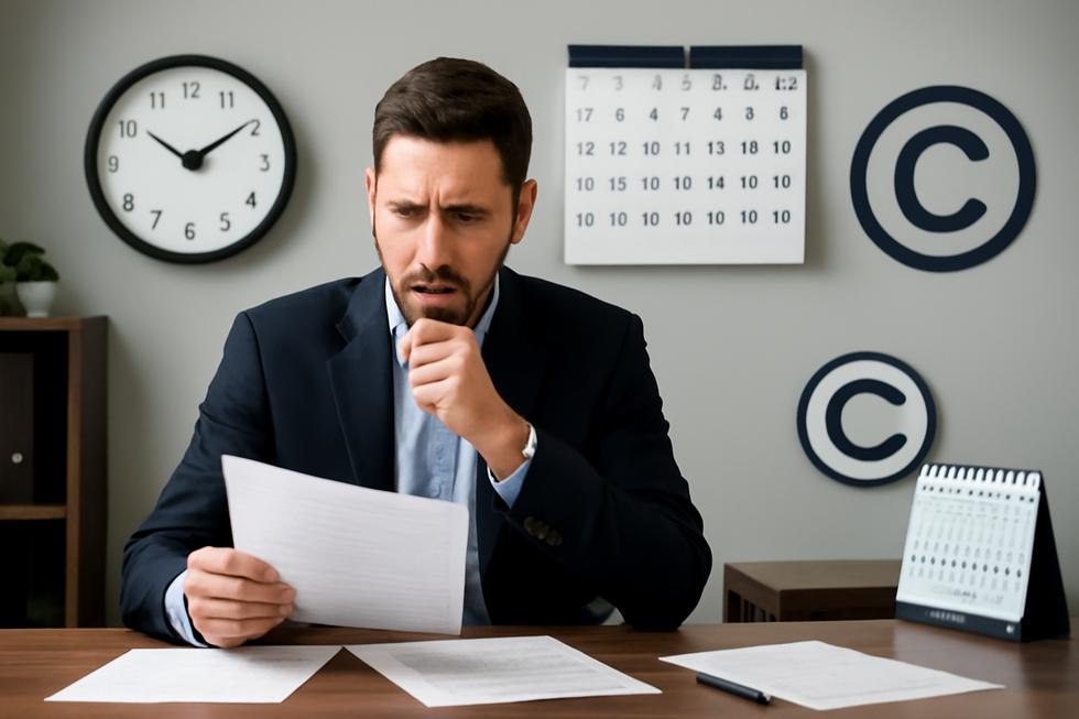 Business owner in office with copyright symbols, clocks, and calendars illustrating US copyright duration.