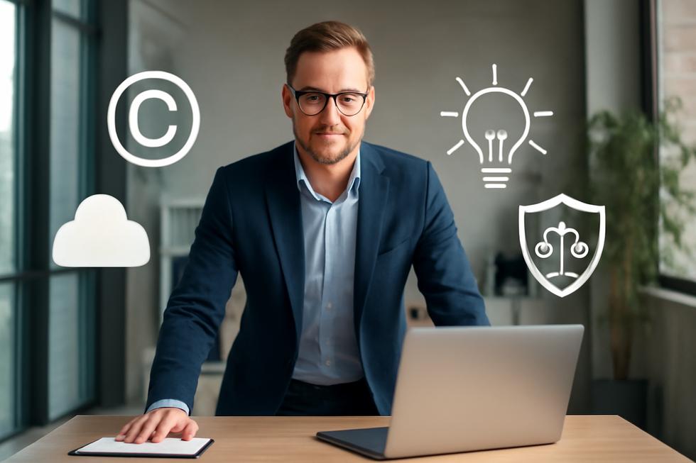 Business owner at desk with laptop and floating copyright and public domain symbols representing intellectual property knowledge.