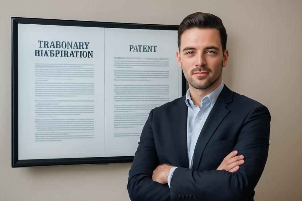 Business owner standing next to large digital display with trademark and patent images.