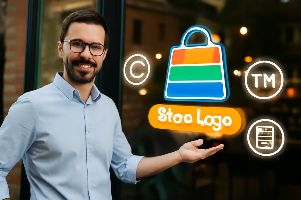 Business owner showcasing a brand logo and slogan with visual icons for copyright and trademark.
