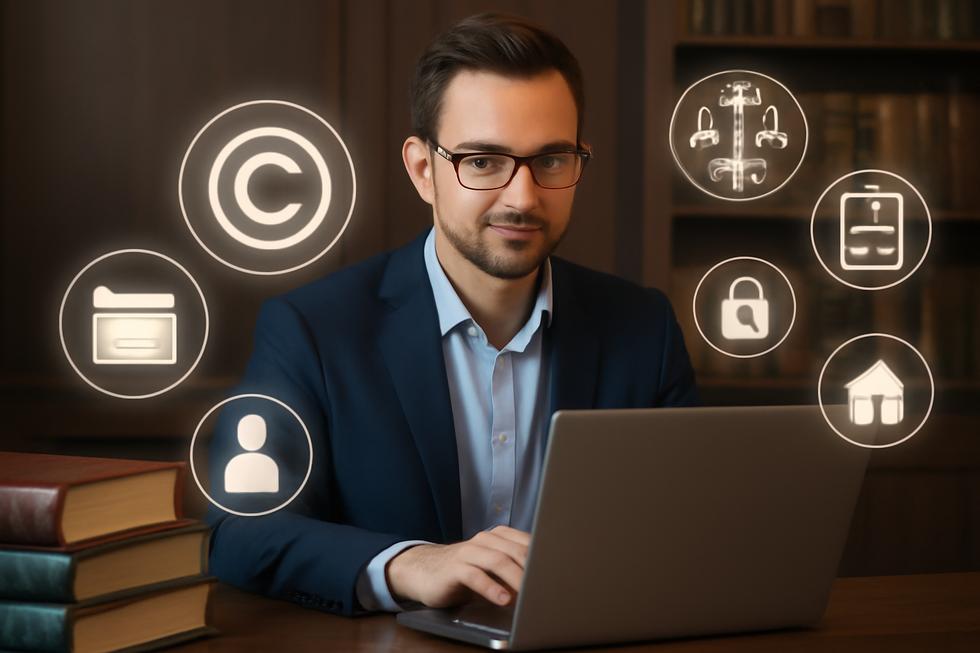 A business owner working on a laptop surrounded by copyright-related icons and legal books in an office.