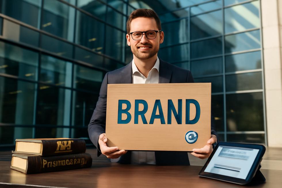 Confident business owner in office holding brand name plaque with registered trademark symbol.