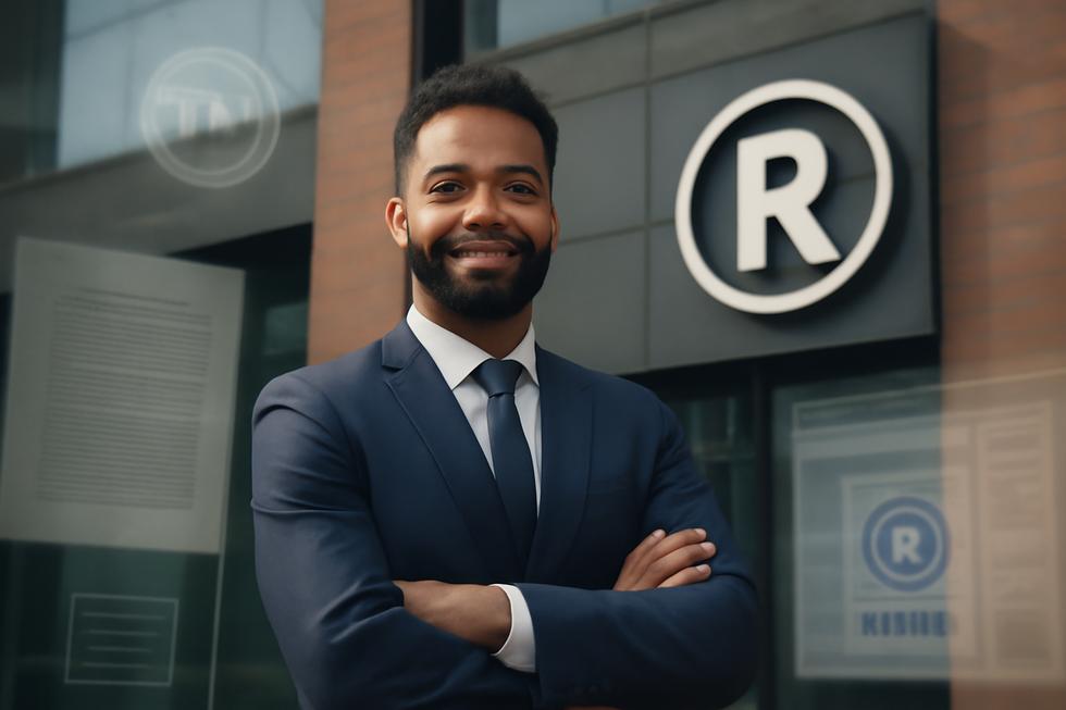 Business owner in front of office building with branded logo, surrounded by graphical elements of trademarks and documents.