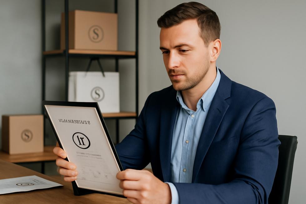 A business owner holding a trademark certificate with branding visuals displayed on a desk behind them.