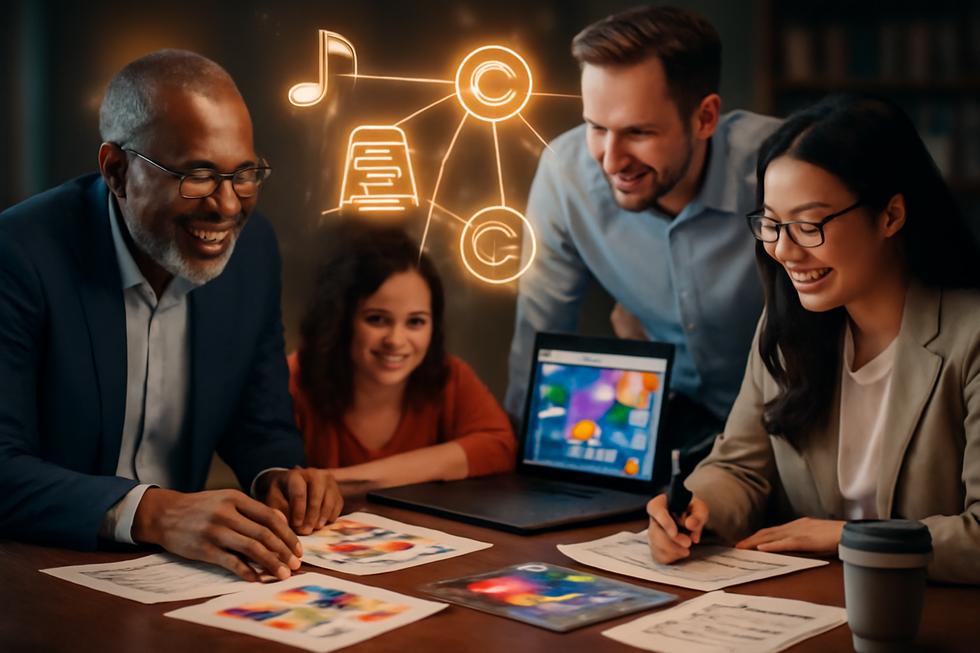 Diverse business owners around a table with digital and physical creative works illuminated to represent instant copyright protection.