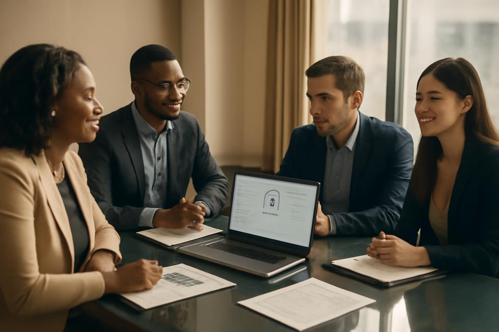 Group of diverse entrepreneurs working together at a modern table with trademark documents and branded items.