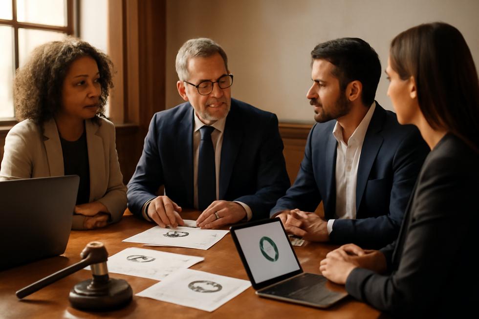 Diverse group of business owners and lawyers reviewing trademark documents and logo designs around a table.