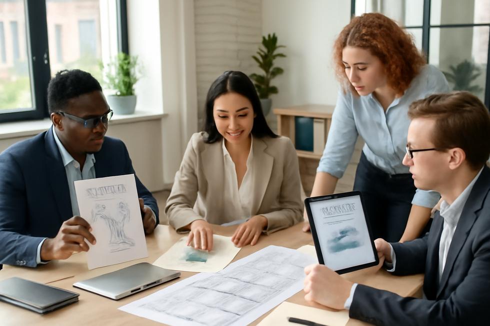 Group of business professionals collaborating over patent documents and digital devices in a modern office.