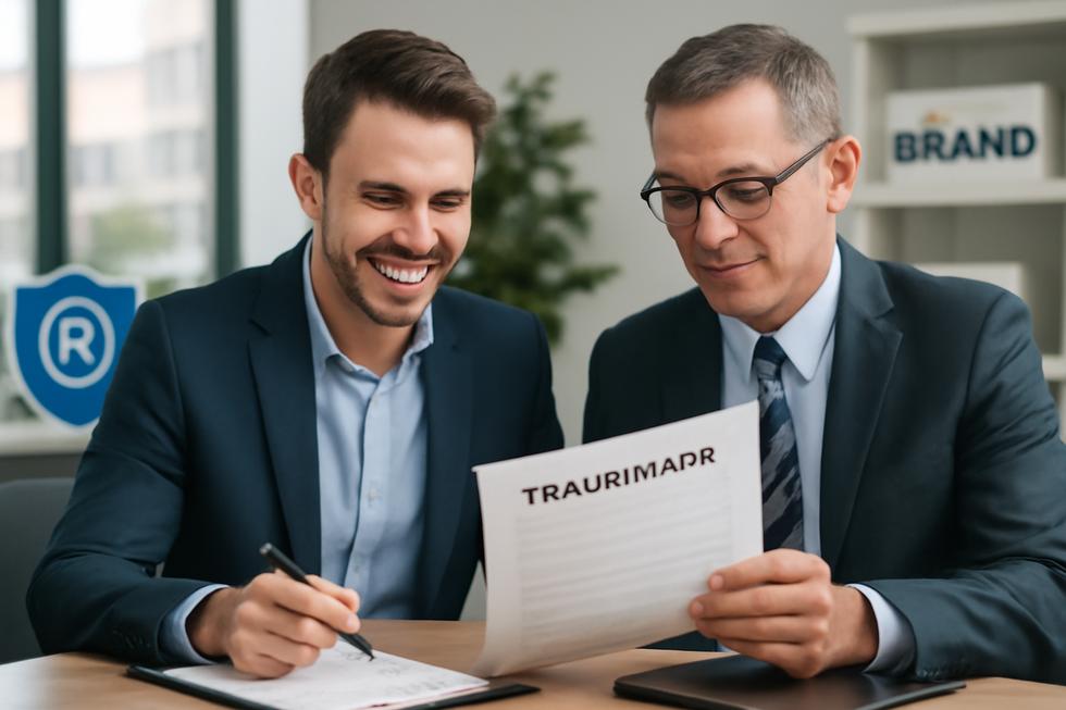 Entrepreneur discussing trademark paperwork with legal advisor with business name and logos in background.