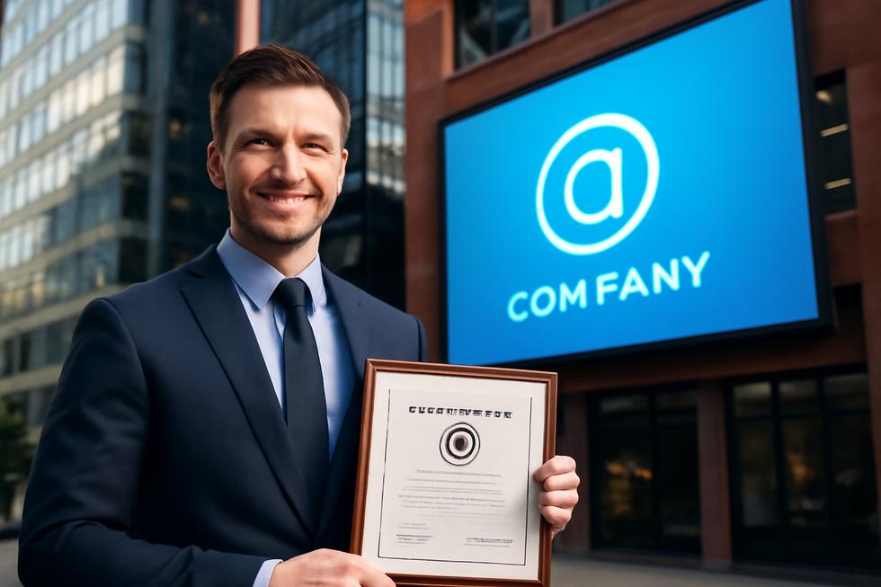 Business owner holding a trademark certificate with branded signage behind in a modern urban setting.