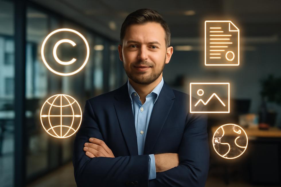 Business owner in modern office with floating copyright symbols, legal paperwork, and global connectivity icons.