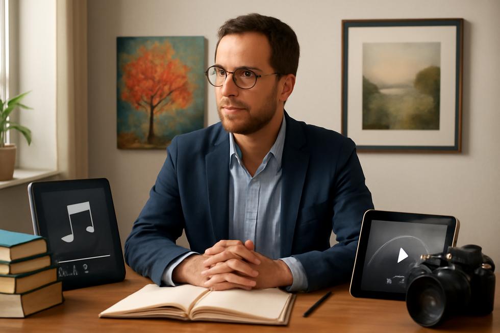 Workspace with business owner surrounded by books, digital creative media, art, and photography equipment depicting copyright protection.