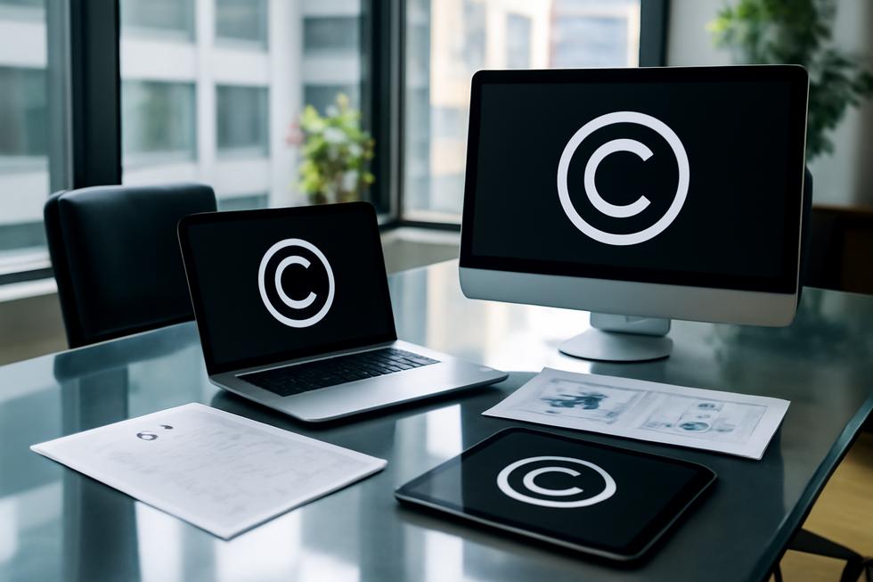 Modern office with digital devices and documents showing copyright information and legal symbols in a bright workspace.