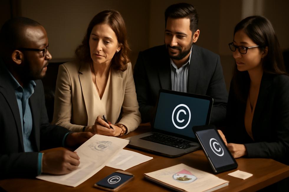 Diverse business professionals collaboratively reviewing copyright documents and digital content in an office.