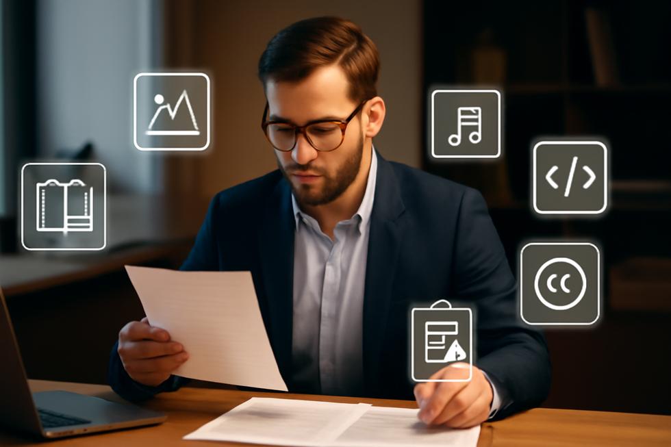 A businessperson reviewing digital and physical copyright-related documents with icons representing various creative works and licenses.