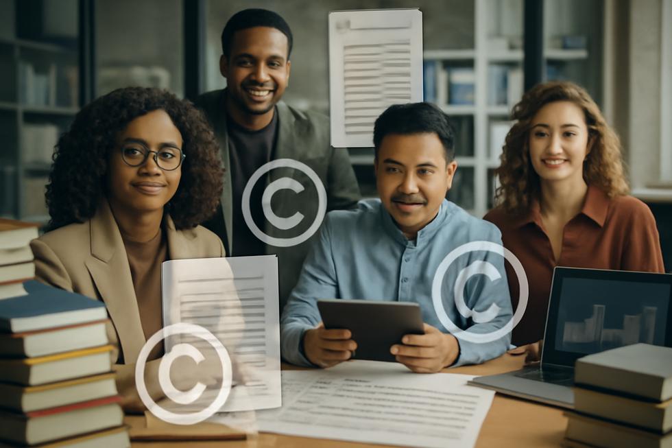A group of business owners in a modern office with creative materials and copyright symbols emphasizing copyright protection for businesses.