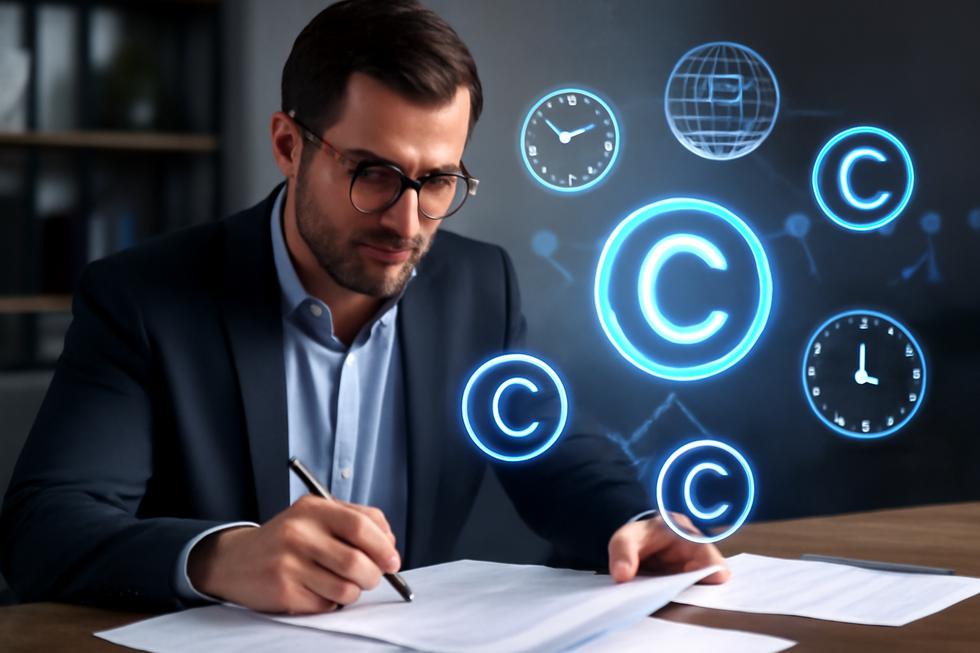 Business person analyzing copyright documents with digital icons illustrating copyright durations and global regulations.