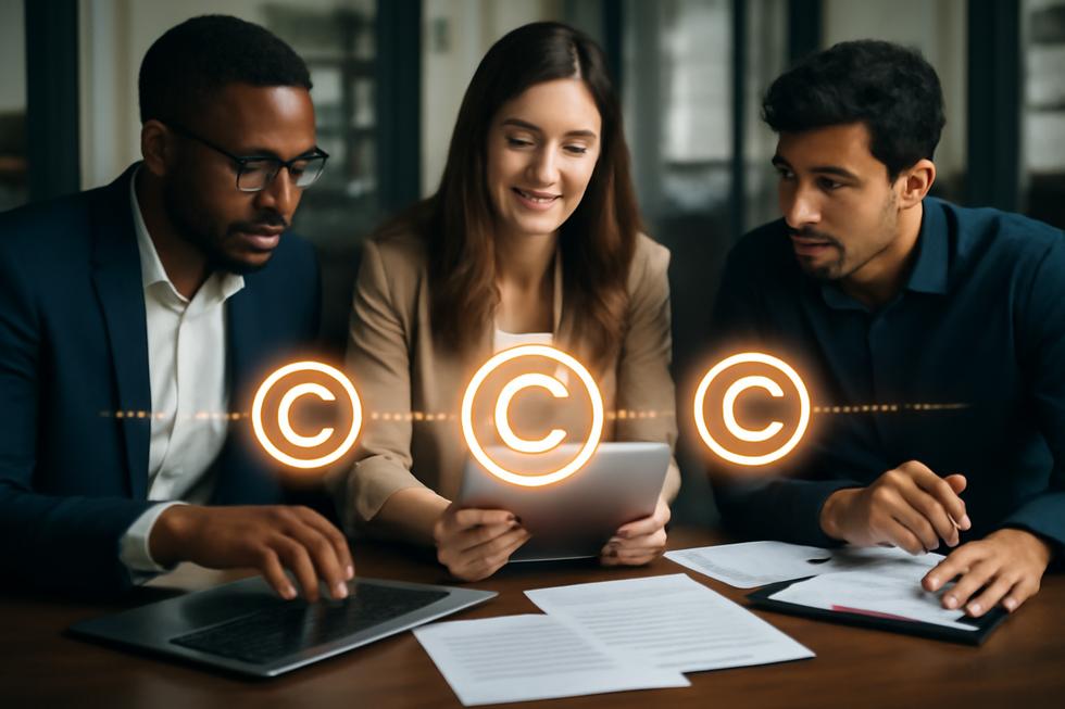 Photo-realistic image of business team working with copyright symbols and timelines visually integrated.