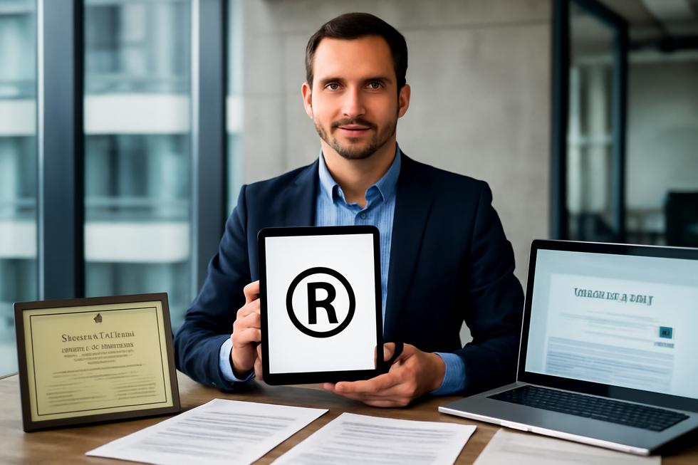 Confident business owner holding a tablet with a trademark logo, surrounded by trademark certificates, domain registrations, and legal documents.