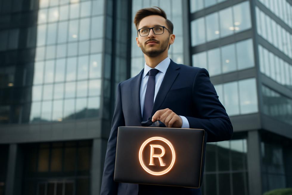 Business owner standing confidently in front of office, holding briefcase with trademark symbol.