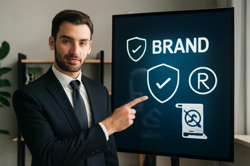 Business owner pointing to a screen showing 'BRAND' with trademark symbols and patent crossouts in a modern office.