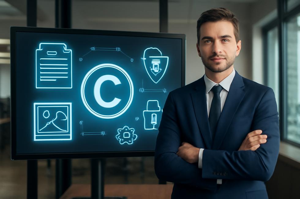 Photo-realistic image of a business professional with visual copyright symbols, documents, and icons illustrating control and protection.