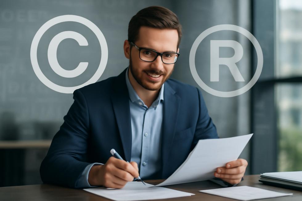 Business person in office examining IP documents with copyright and trademark icons around words and phrases.