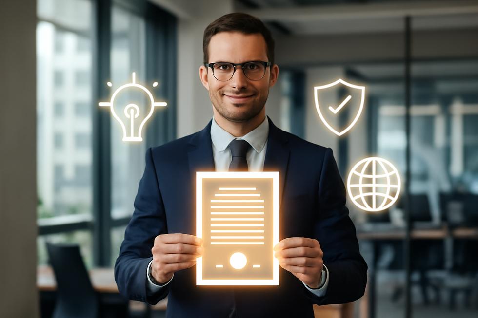 Confident business owner holding a patent certificate with icons of innovation and global protection around.