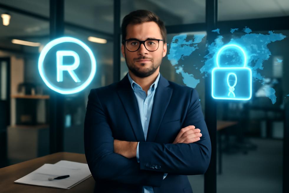 Confident business owner in an office with trademark symbols, legal papers, and digital security icons representing global brand protection.
