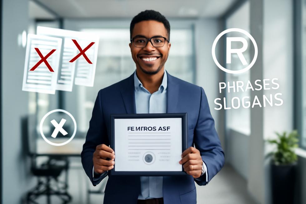 Businessperson holding a trademark certificate with symbols of intellectual property protection and phrases floating around.