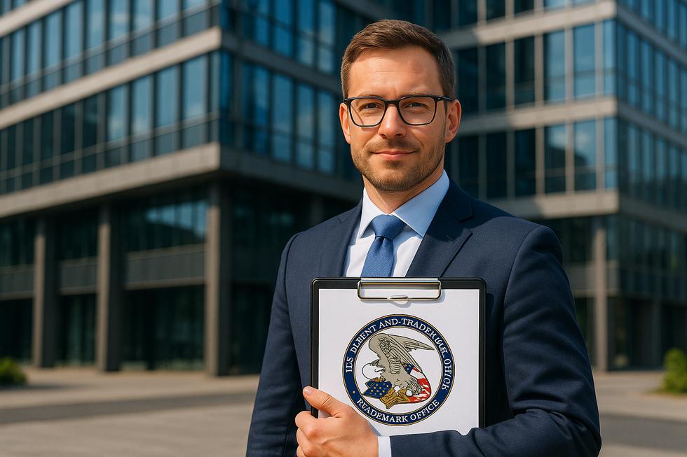 Confident business owner holding clipboard with USPTO logo near modern office, representing trademark protection