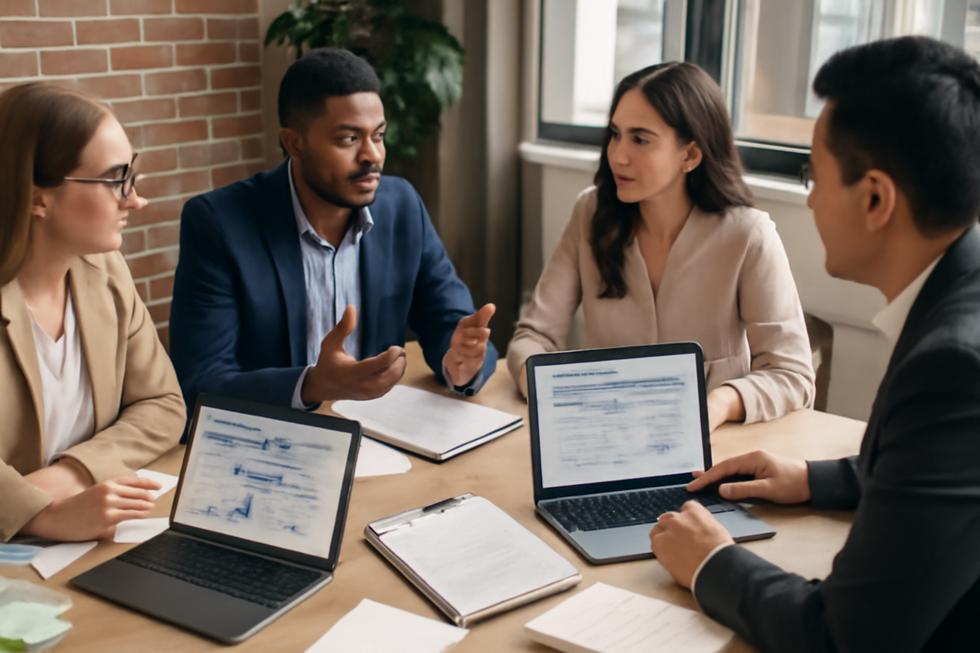 Several business owners working together with laptops showing company registry and trademark searches in a bright office.