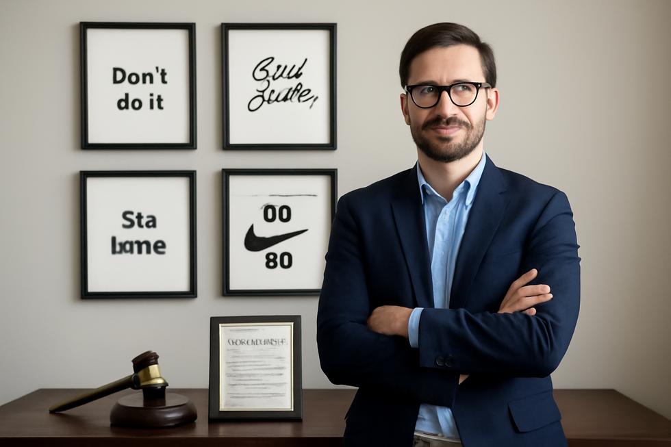 Business owner in an office surrounded by framed brand slogans and trademark legal symbols.