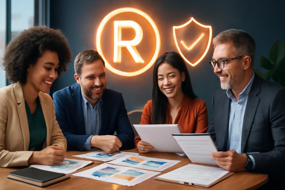Group of business owners discussing trademark registration with branding and legal symbols in a professional office.