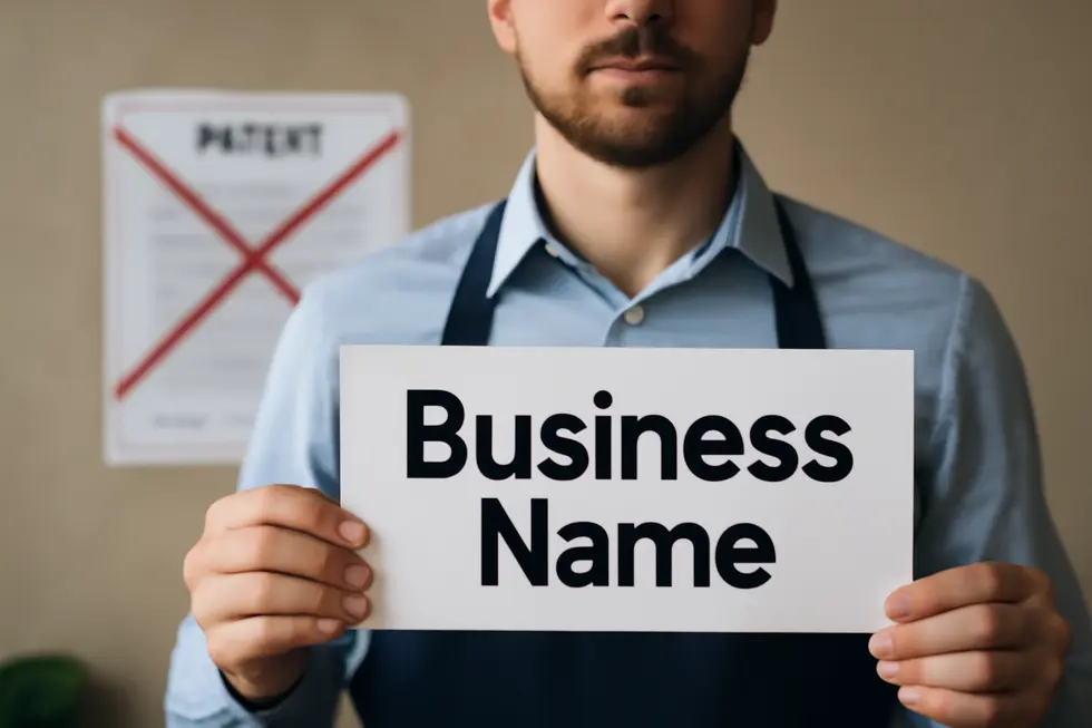 Visual explanation that business names are not patentable but can be protected through trademarks.