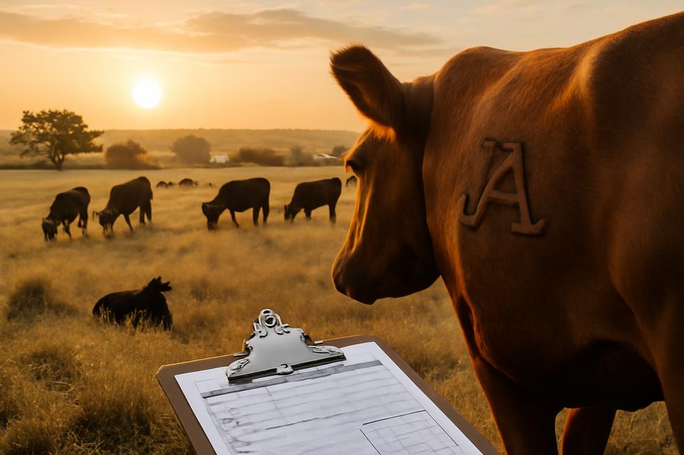 Branded cattle grazing on a ranch at sunrise with registration forms in the foreground.