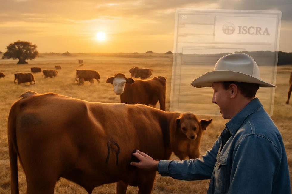 Sunlit Texas cattle ranch with branded cattle grazing and a rancher checking a brand alongside digital registration symbols.