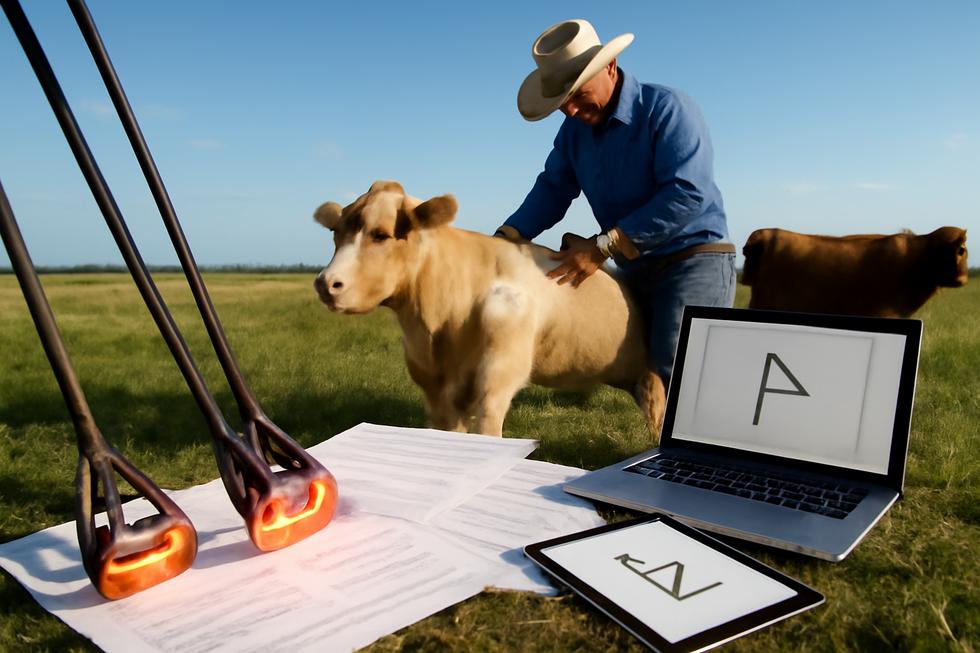Rancher branding cattle with irons and official livestock documents and digital brand designs visible.