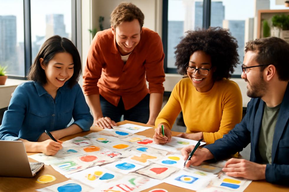 A group of business owners working together on brand name ideas in a modern office with city views.