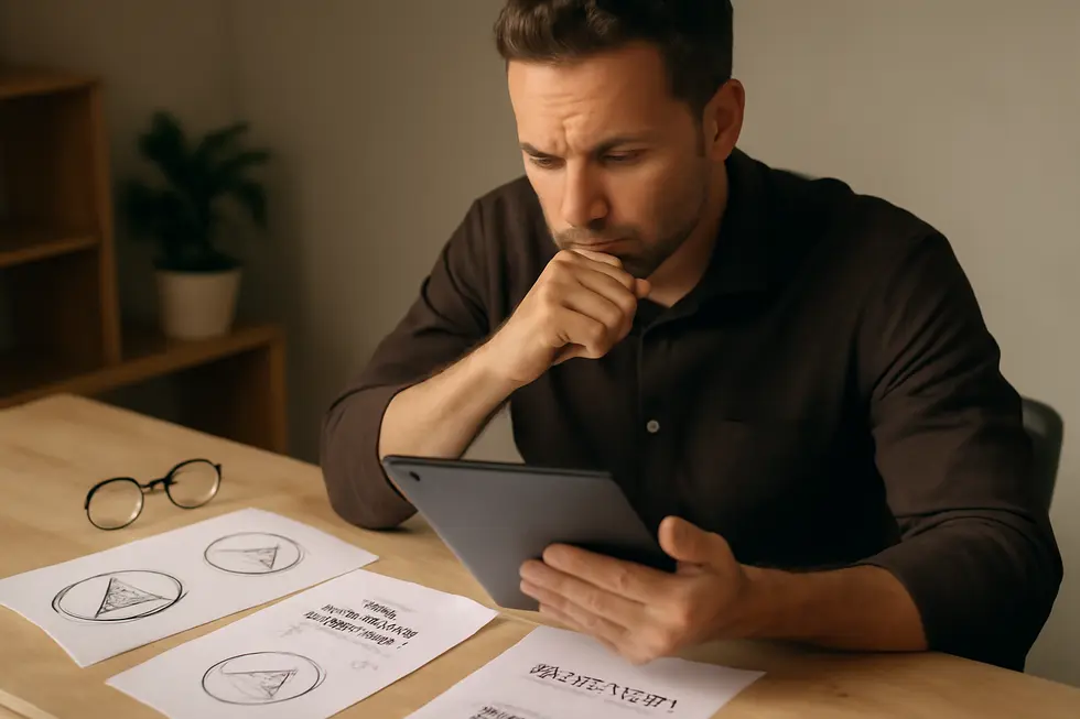 Business owner evaluating phrase options to select a distinctive trademark.