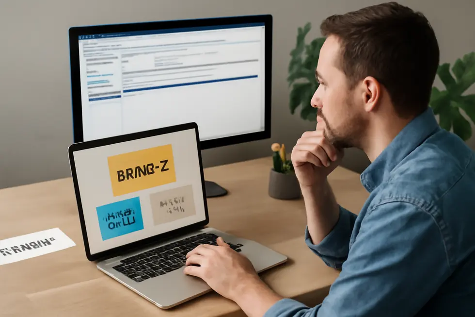 A business owner researching and selecting a unique trademark name using the USPTO database.