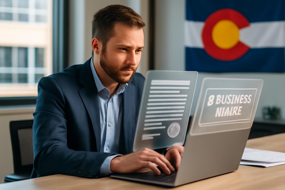 Business owner at desk registering a trade name online with Colorado state symbols in a modern office.
