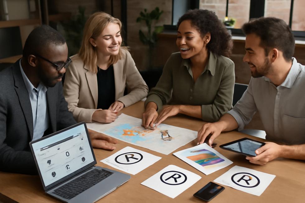 Group of entrepreneurs collaborating over brand materials and trademark search data representing common law trademark free usage.
