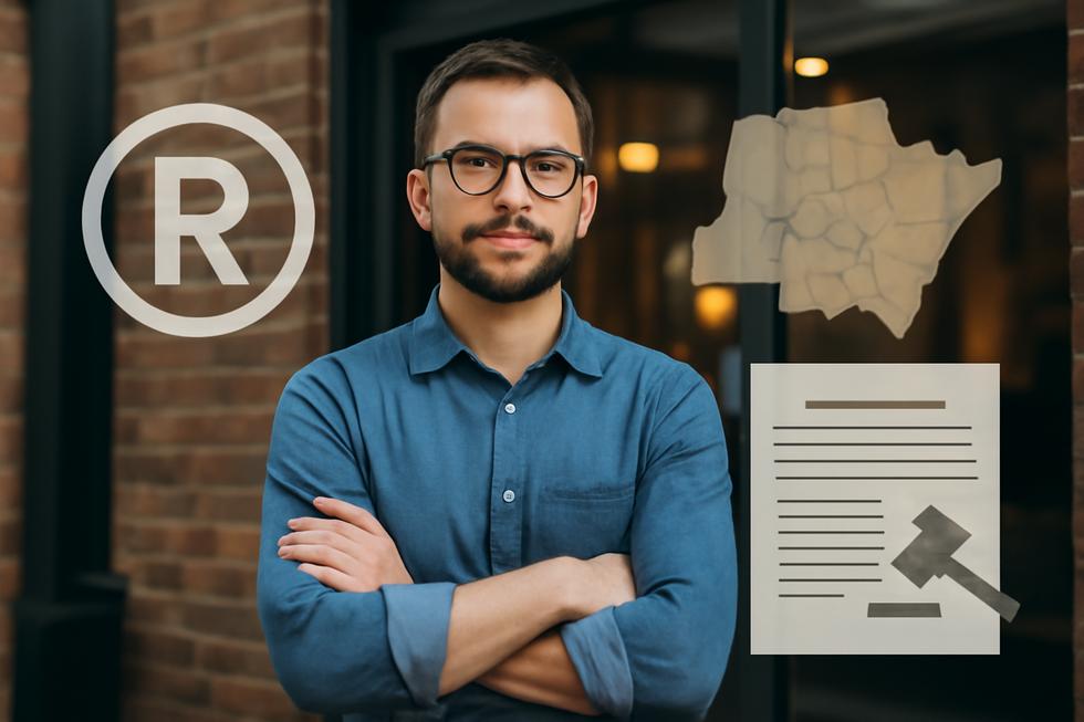 Business owner in front of a store with trademark and legal symbols highlighting common law trademark protection.