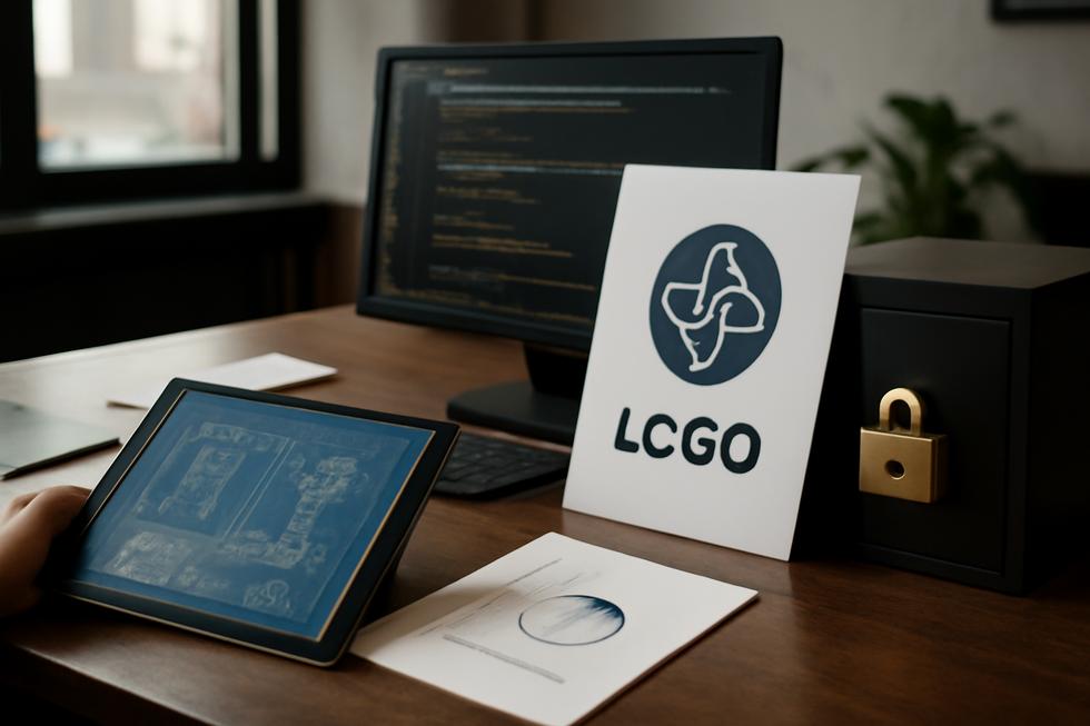 Photo-realistic image depicting patent designs, a company logo, software code, and secured trade secret files symbolizing comprehensive company intellectual property.