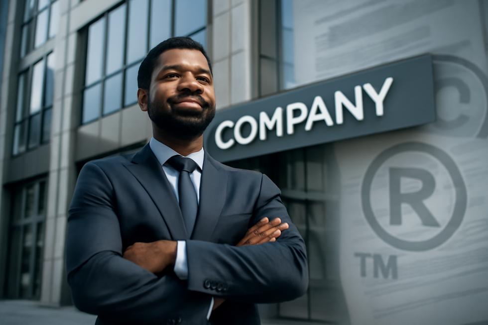 Photo-realistic image of a business owner in front of an office building with company signage and trademark icons in the background.