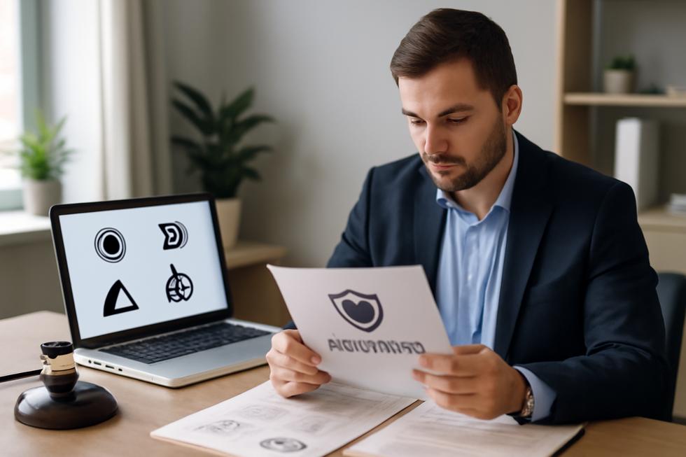 Professional workspace with a business owner reviewing trademark paperwork and digital logos on laptops.