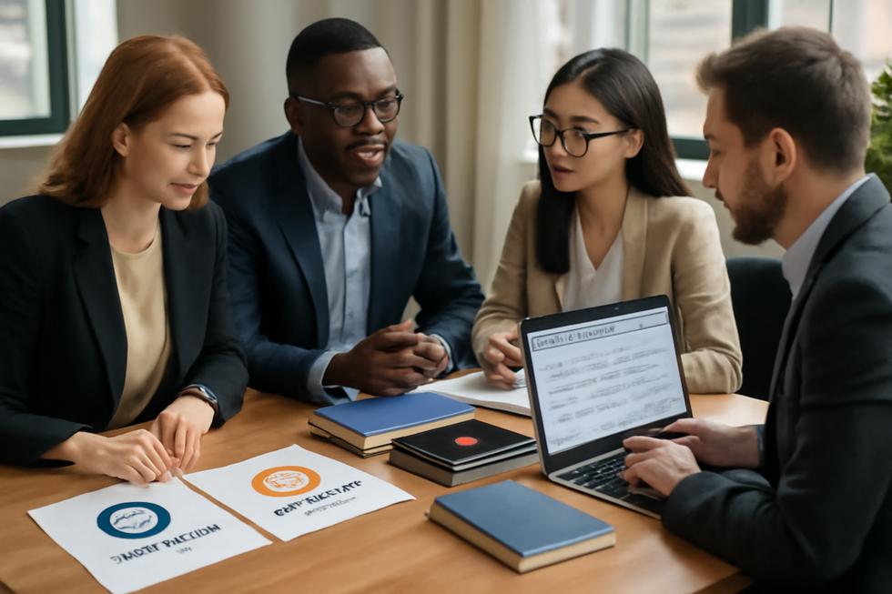 Entrepreneurs gathered around a table with company logos, trademark forms, and IP books in a bright office.