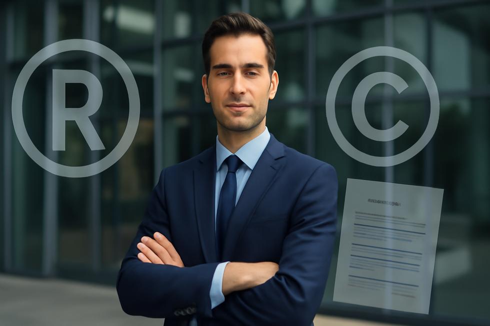 A business owner in front of office buildings with trademark and legal document overlays symbolizing company name protection.