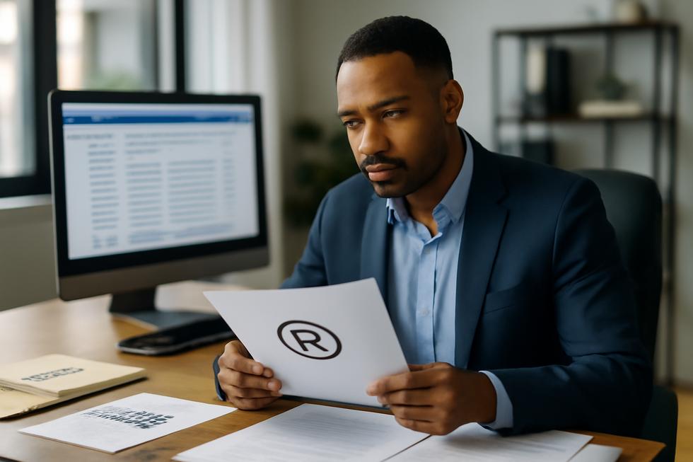 Business owner reviewing trademark documents with USPTO search on a computer screen in a modern office.